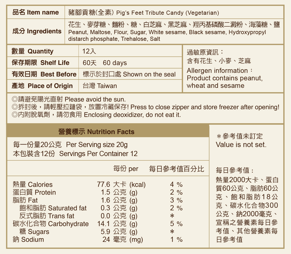 豬腳貢糖標示說明